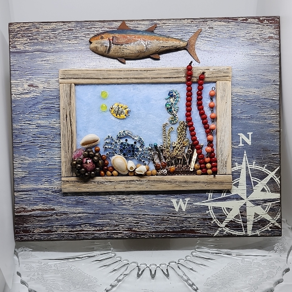 Nautical Mixed Media Jewerly Art with Fish and Compass